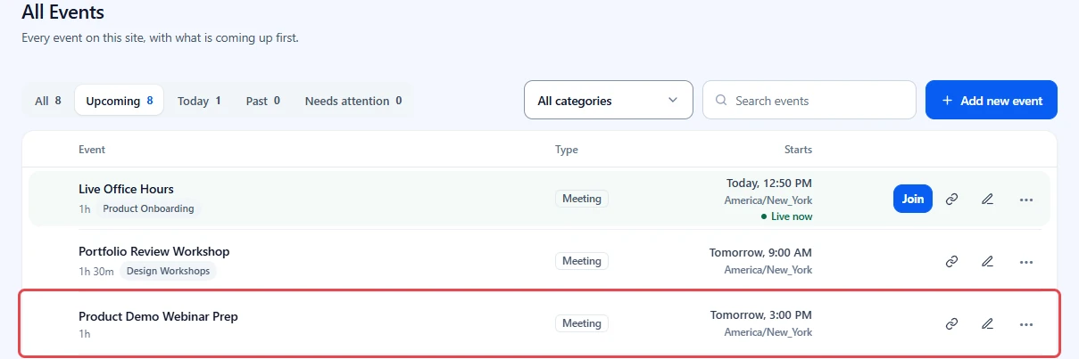All Events with Product Demo Webinar Prep highlighted under Upcoming