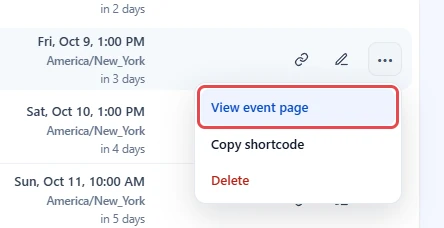 Row actions menu open with View event page highlighted, Copy shortcode and Delete