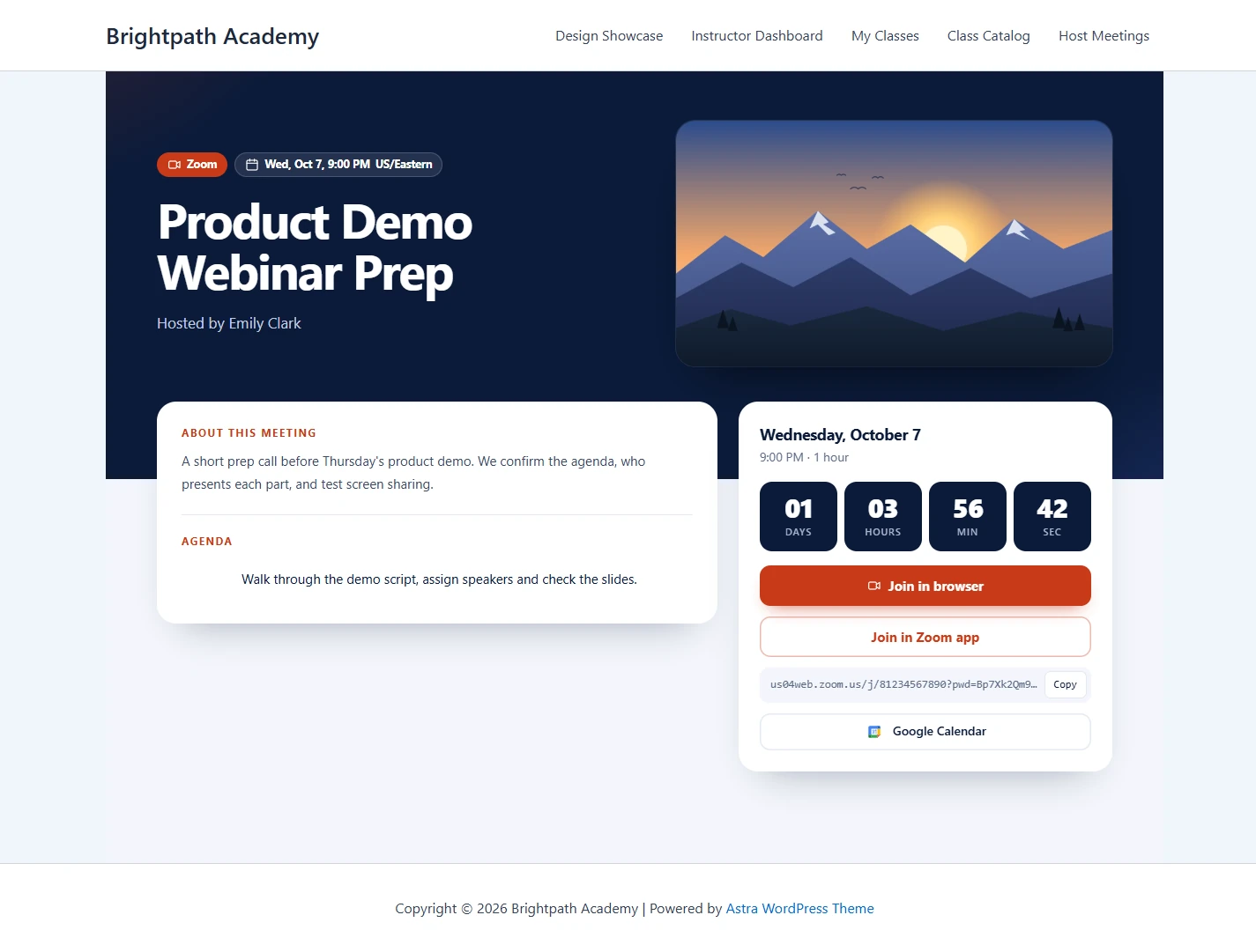 Product Demo Webinar Prep meeting page with a mountain cover, countdown, Join in browser and Join in Zoom app