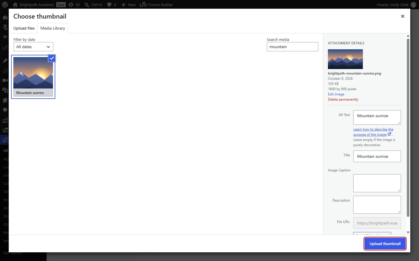 Choose thumbnail window with the Mountain sunrise image selected and Upload thumbnail highlighted