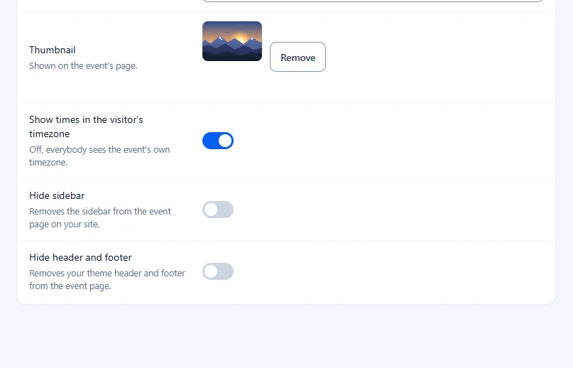 Thumbnail preview with a Remove button, followed by the timezone and layout switches