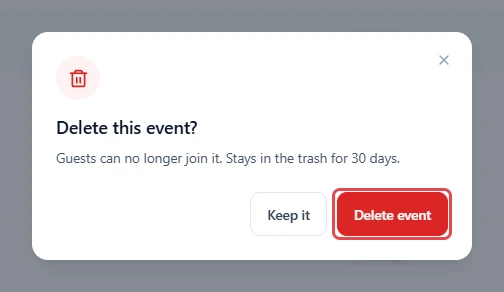 Delete this event? dialog with the Delete event button highlighted