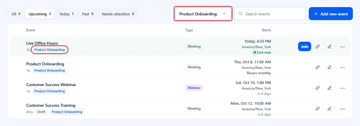 All Events filtered by a category, with category tags on each row