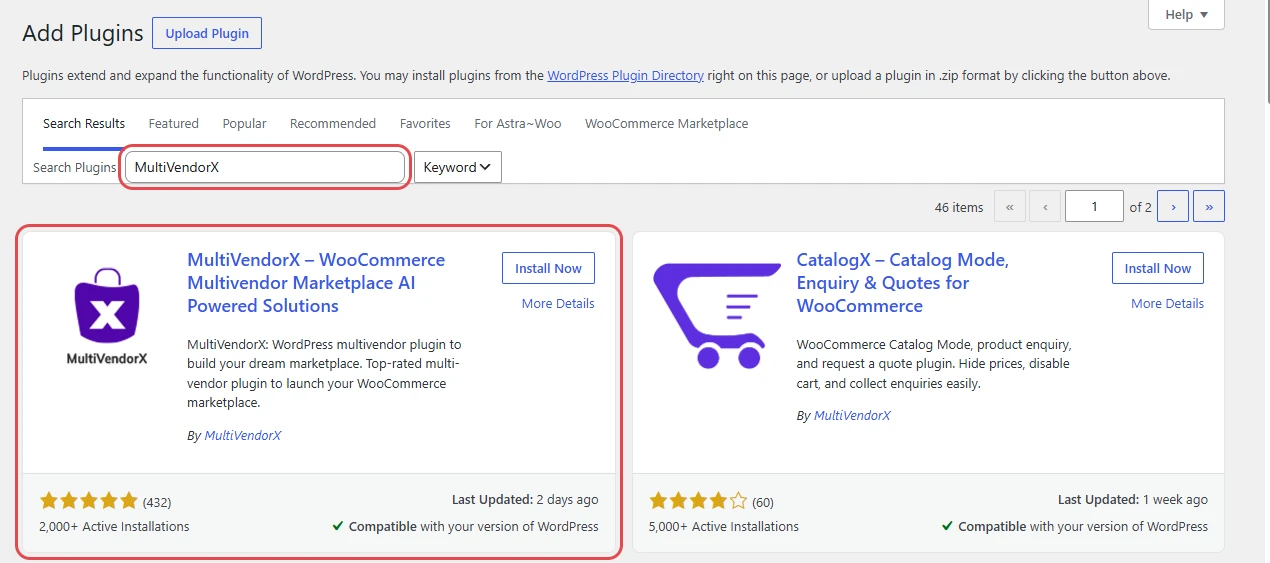 Add Plugins screen with the MultiVendorX search result highlighted