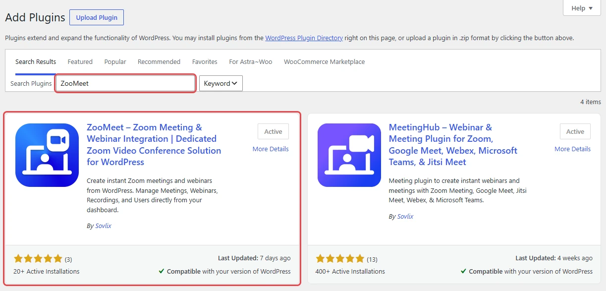 Add Plugins screen with the ZooMeet search result highlighted