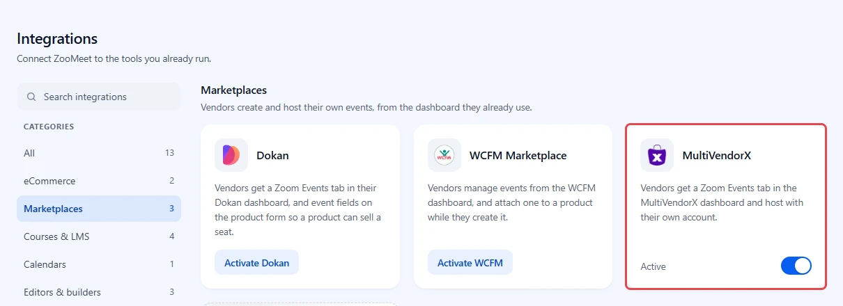 ZooMeet Integrations, Marketplaces category, with the MultiVendorX card switched on and highlighted