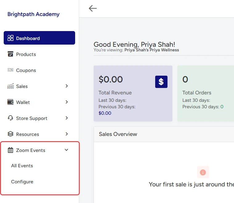 MultiVendorX store dashboard with the Zoom Events menu open, showing All Events and Configure