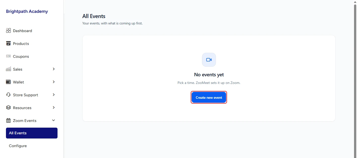 All Events in the vendor dashboard with No events yet and the Create new event button highlighted
