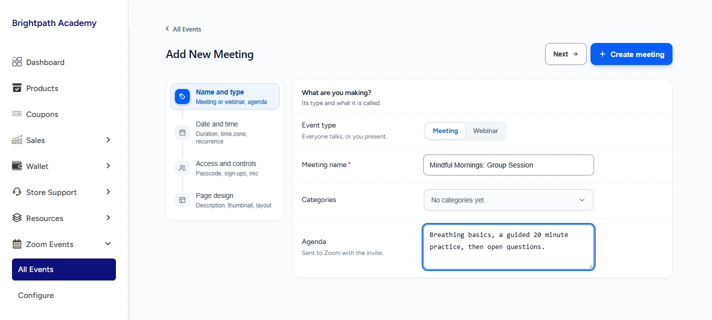Add New Meeting form in the vendor dashboard with the meeting name Mindful Mornings: Group Session