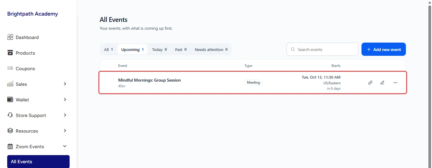 Vendor All Events list with Mindful Mornings: Group Session highlighted under Upcoming