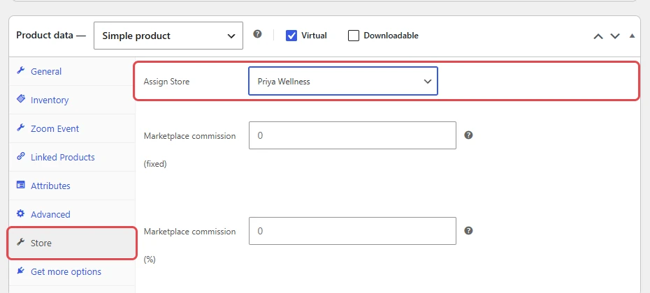 Product data Store tab with Assign Store set to Priya Wellness