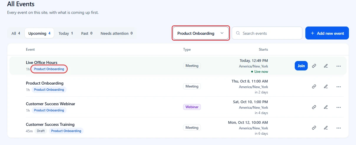 All Events filtered by Product Onboarding, with the category filter and a category tag highlighted