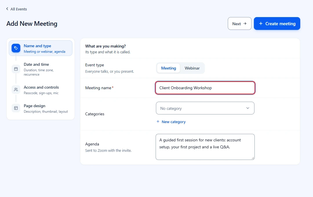 Add New Meeting form on the Name and type step with the Meeting name field highlighted