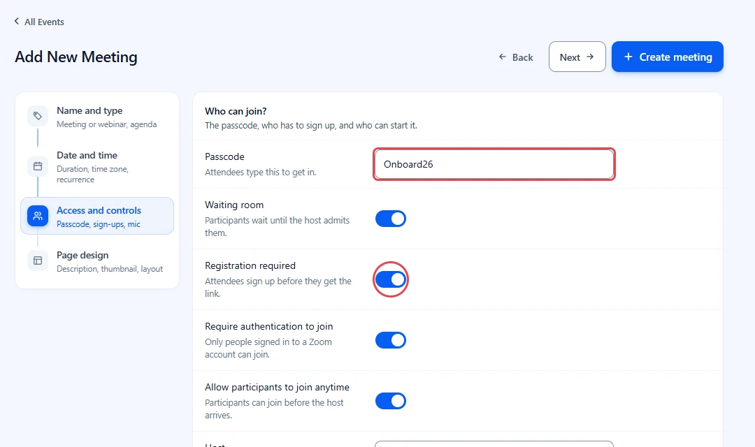 Access and controls step with the Passcode field and the Registration required switch highlighted