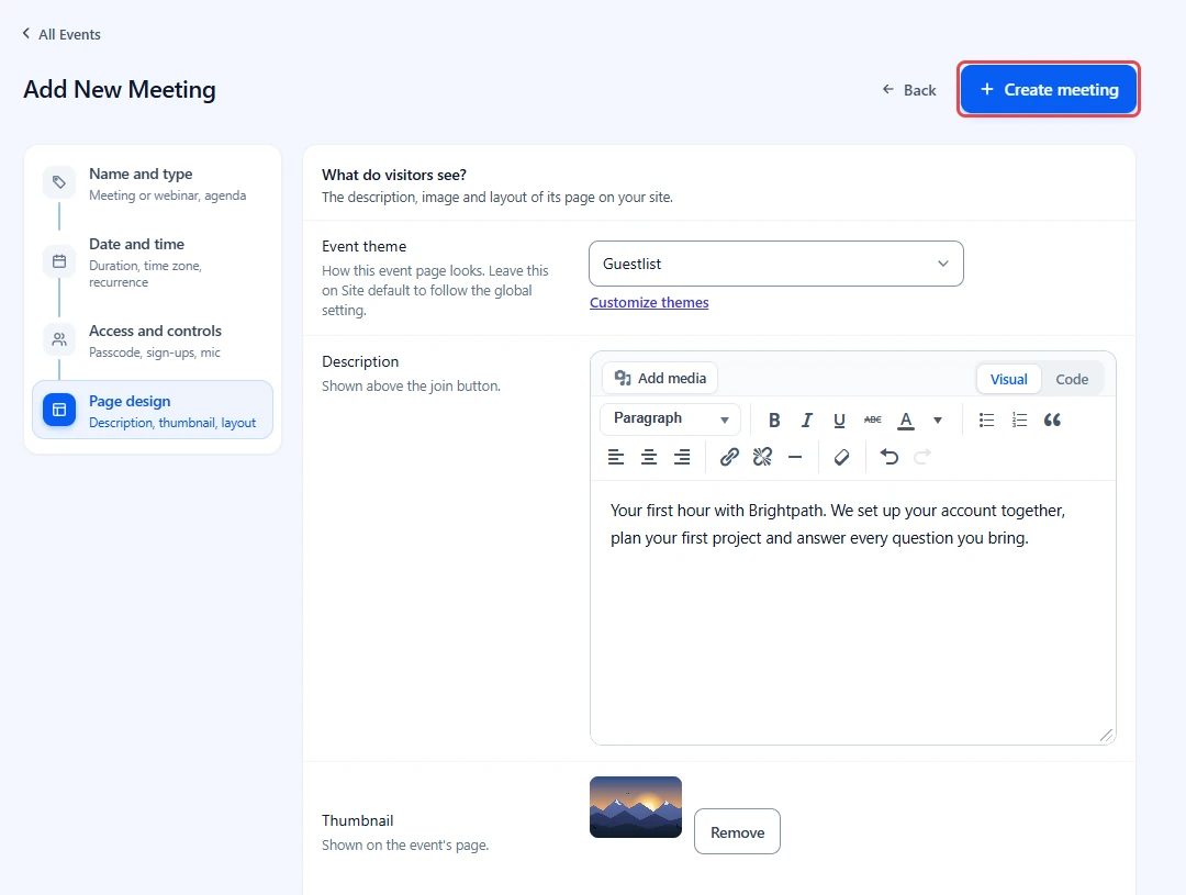Page design step with the Guestlist theme, a description and a thumbnail, and the Create meeting button highlighted