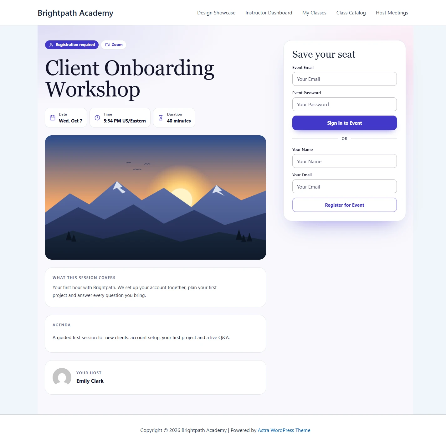 Client Onboarding Workshop page in the Guestlist theme with a Registration required chip and the sign-in and register forms in the Save your seat card