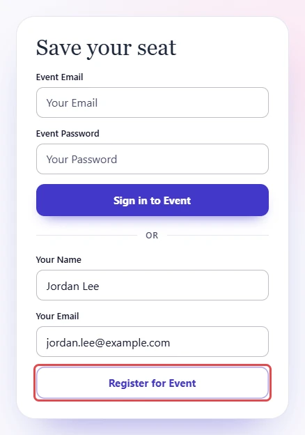 Register form filled in with Jordan Lee and jordan.lee@example.com, with Register for Event highlighted