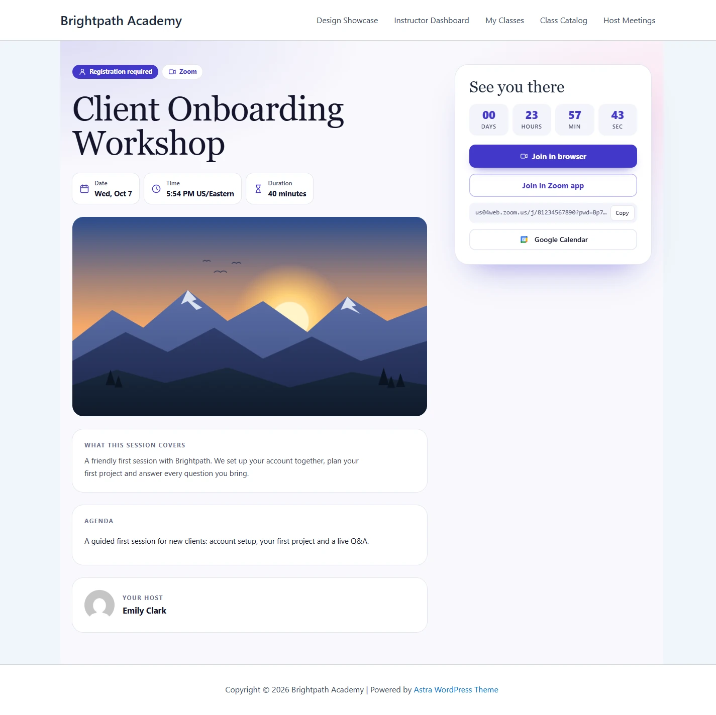 Client Onboarding Workshop after sign-in, with the See you there card showing a countdown, Join in browser, Join in Zoom app, the Zoom link and Google Calendar