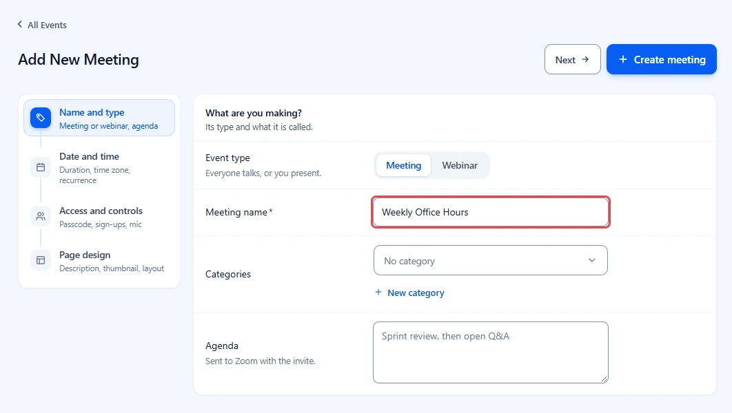 Add New Meeting form on the Name and type step with the Meeting name field highlighted