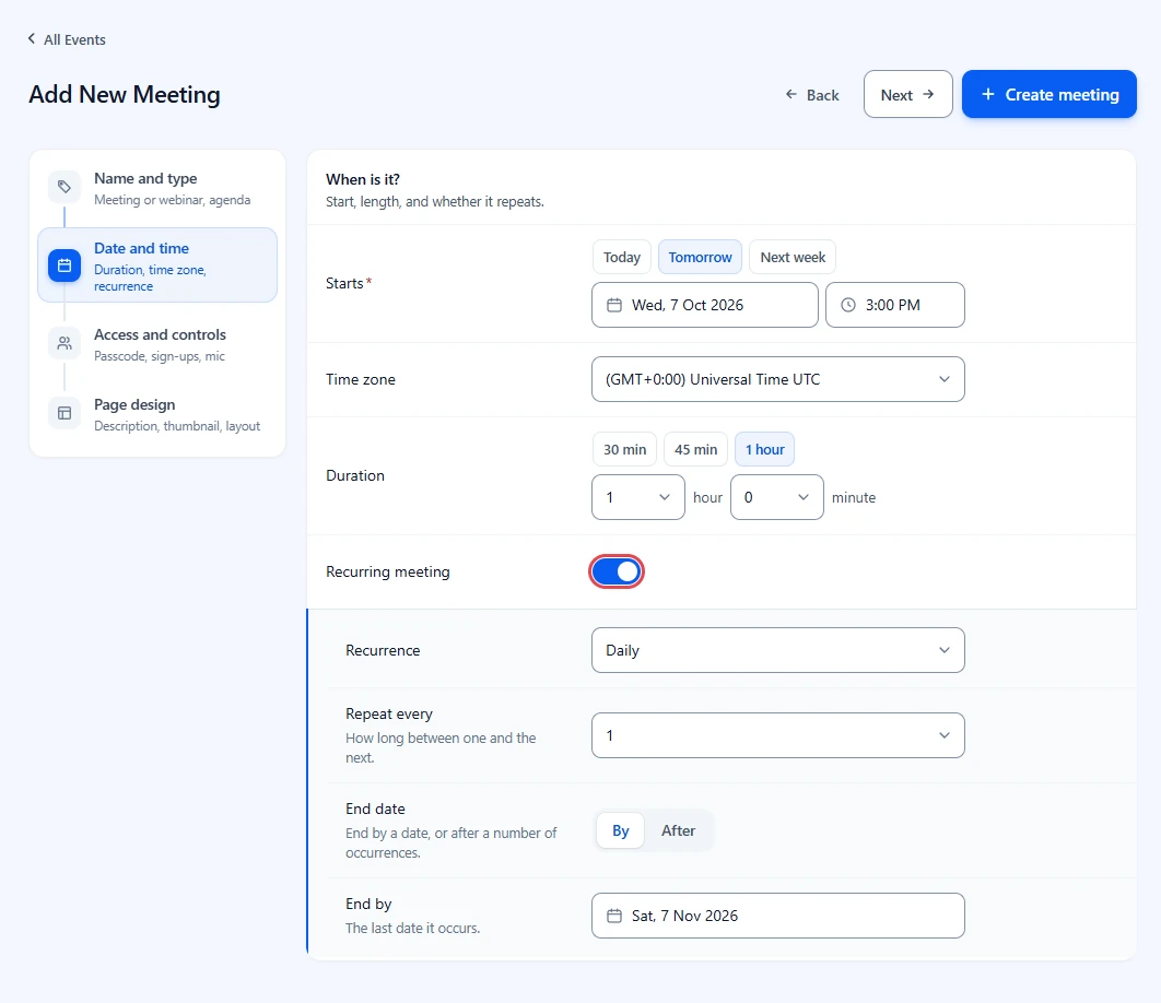 Date and time step with Starts set to tomorrow at 3:00 PM, Duration set to 1 hour, and the Recurring meeting switch turned on and highlighted with Recurrence, Repeat every, End date and End by open below