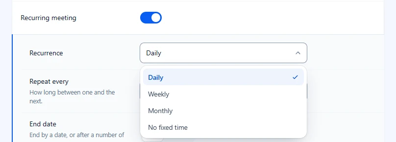 Recurrence list open with Daily, Weekly, Monthly and No fixed time