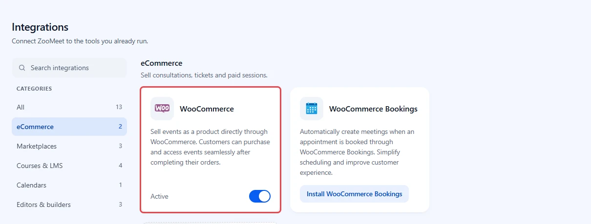 ZooMeet Integrations screen with the eCommerce category open and the WooCommerce card highlighted