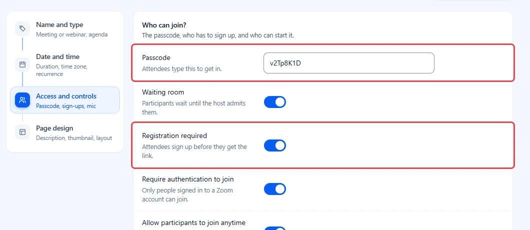 Access and controls step with the Passcode field and the Registration required switch highlighted