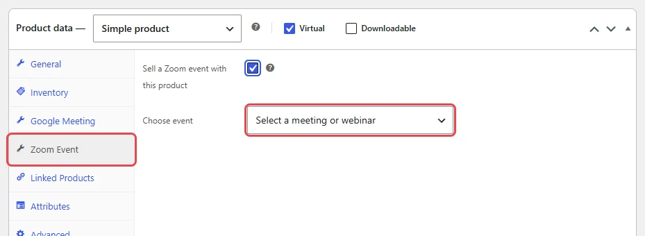 Product data box with the Zoom Event tab and the Choose event list highlighted, Sell a Zoom event with this product ticked and the list still on Select a meeting or webinar
