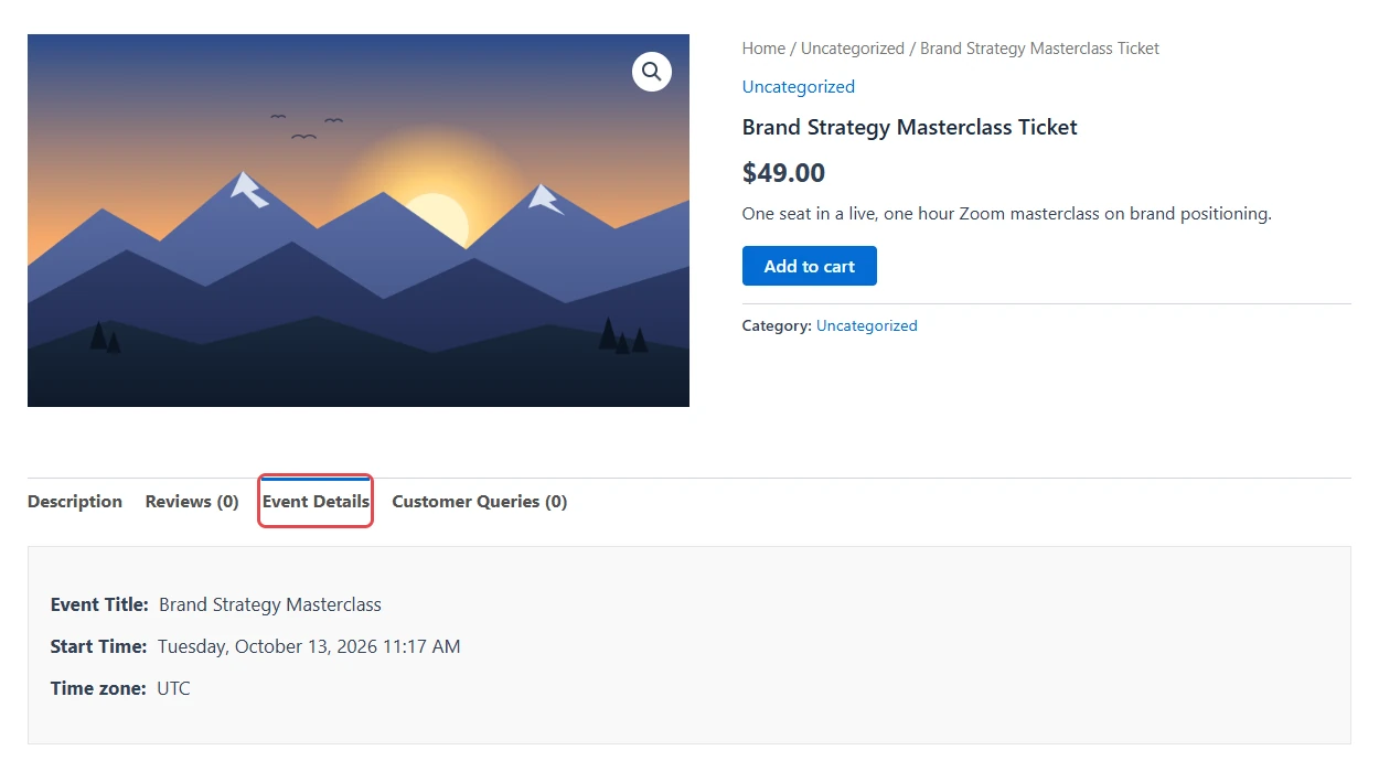 Product page for Brand Strategy Masterclass Ticket with the Event Details tab highlighted