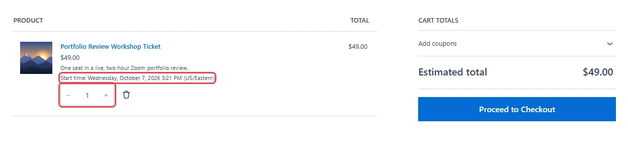 Cart with the Portfolio Review Workshop Ticket, its Start time highlighted under the product name, and the quantity selector locked at 1