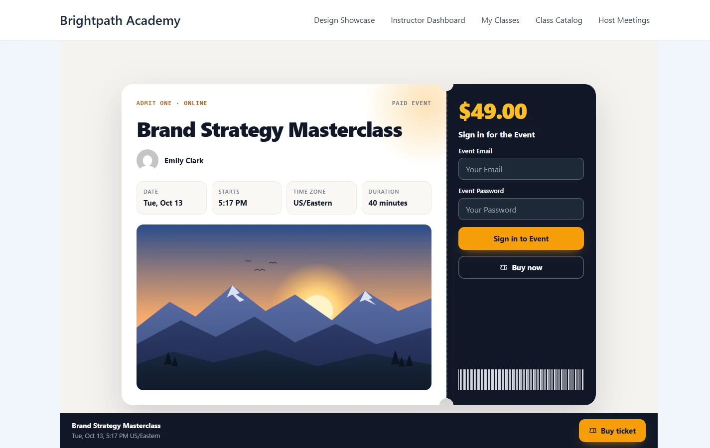 Brand Strategy Masterclass page in the Admit design with the price, the sign-in box and the Buy ticket bar