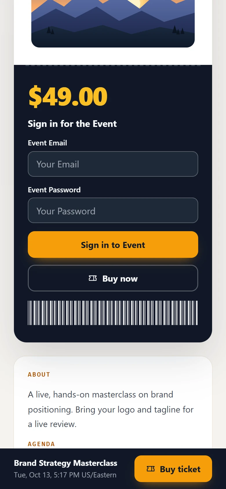 Admit meeting page on a phone with the price, sign-in box, Buy now and the Buy ticket bar