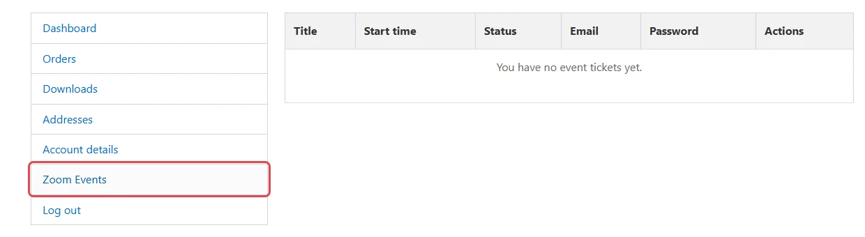 My Account page with the Zoom Events tab highlighted and a table reading You have no event tickets yet.